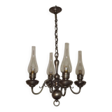French Vintage Pewter 4 Light Flemish Chandelier Hand Blown Lantern Shades 5104