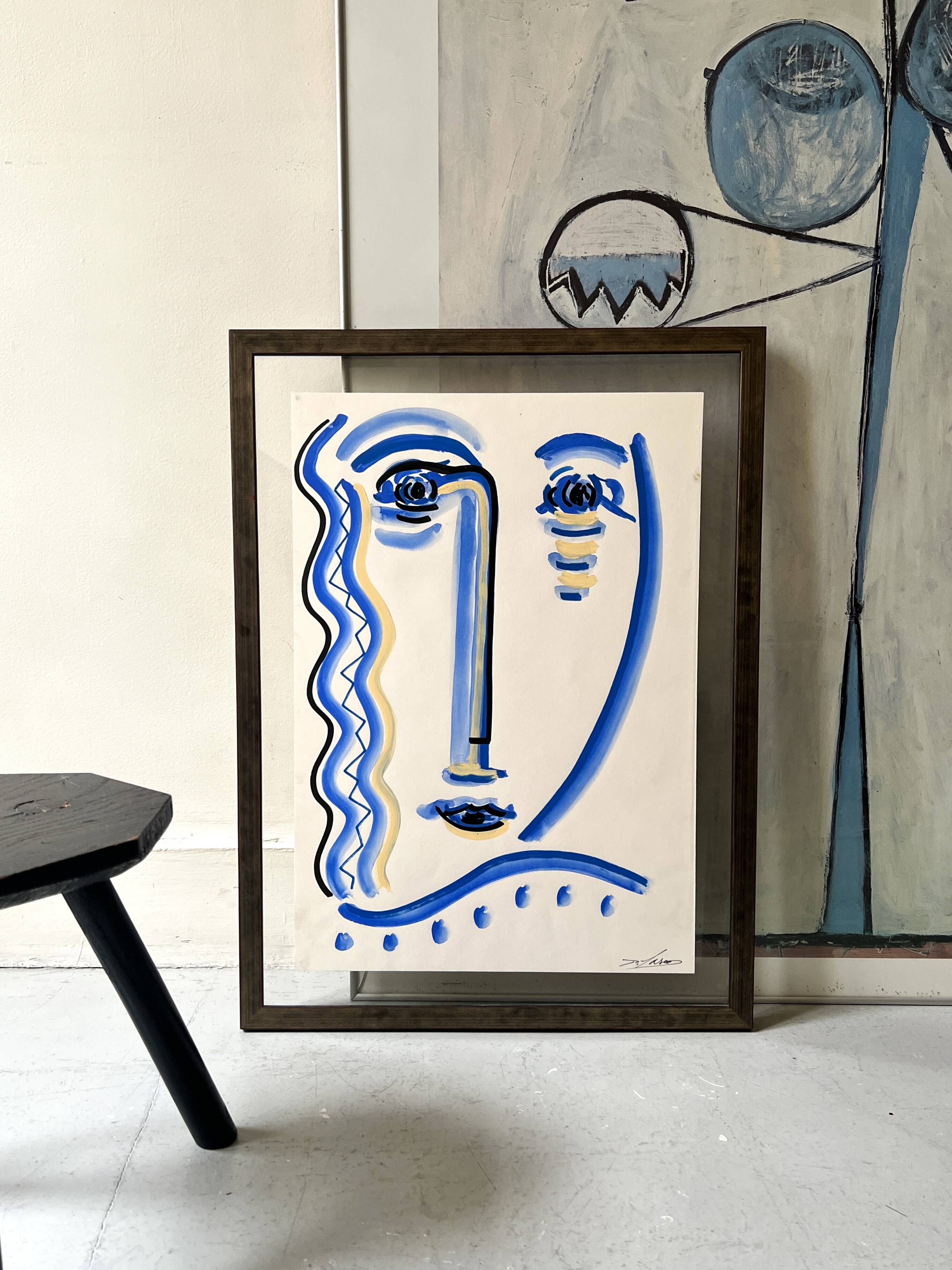 Cubist composition in blue, Vallauris style, signed Blasos.