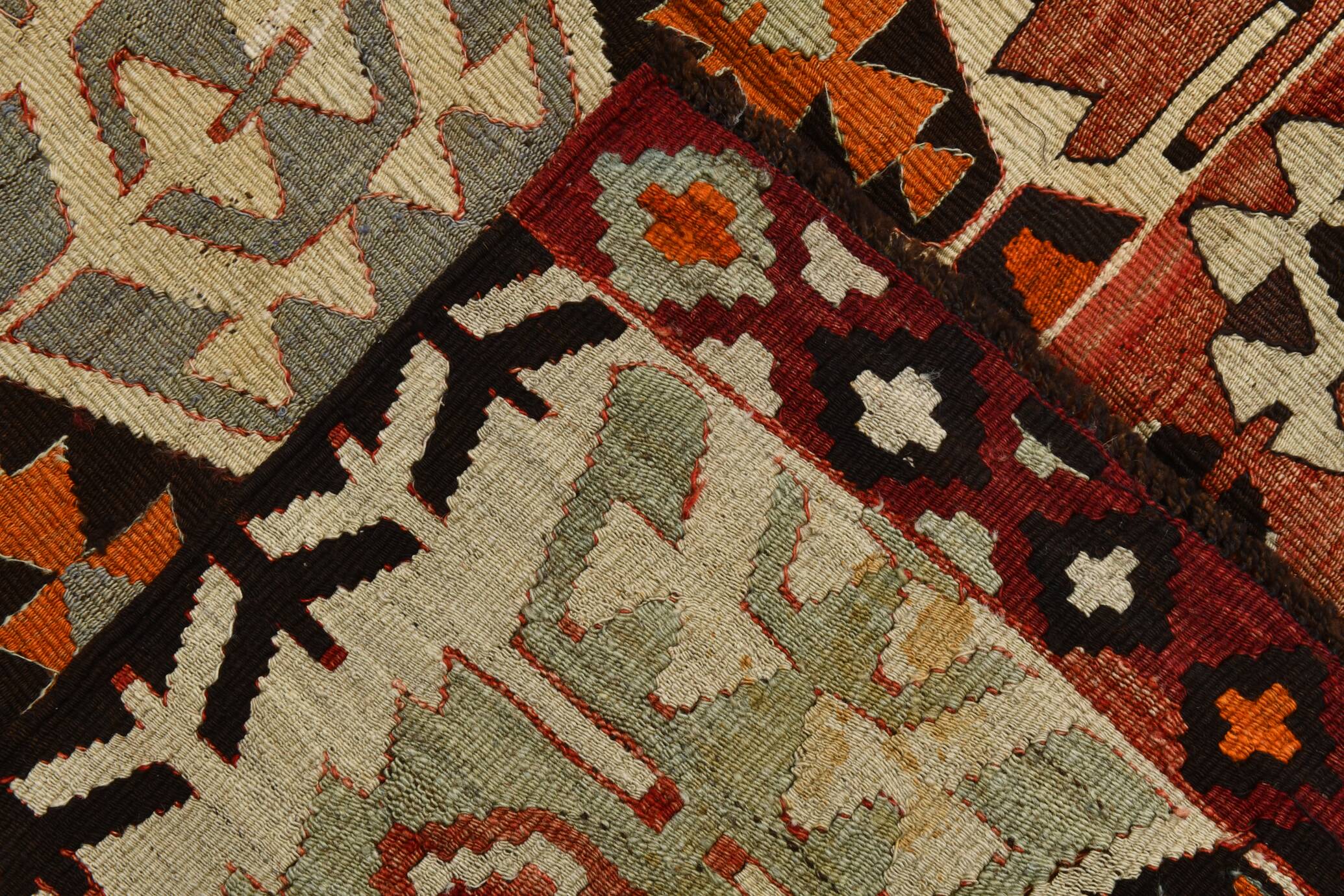 Light Green & Orange Tribal Turkish Kilim Rug, 141x305Cm