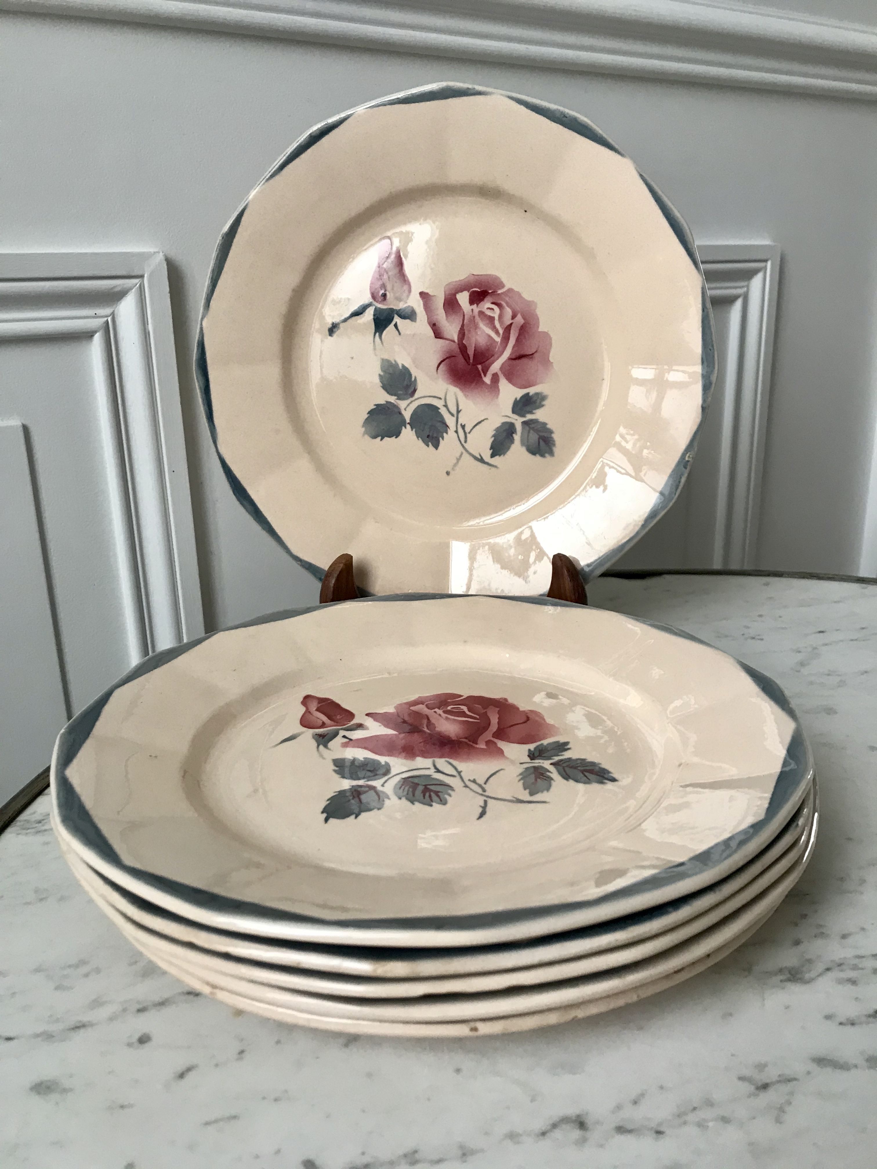 Set of 6 flat plates Digoin Sarreguemines pink and blue flowers 40s