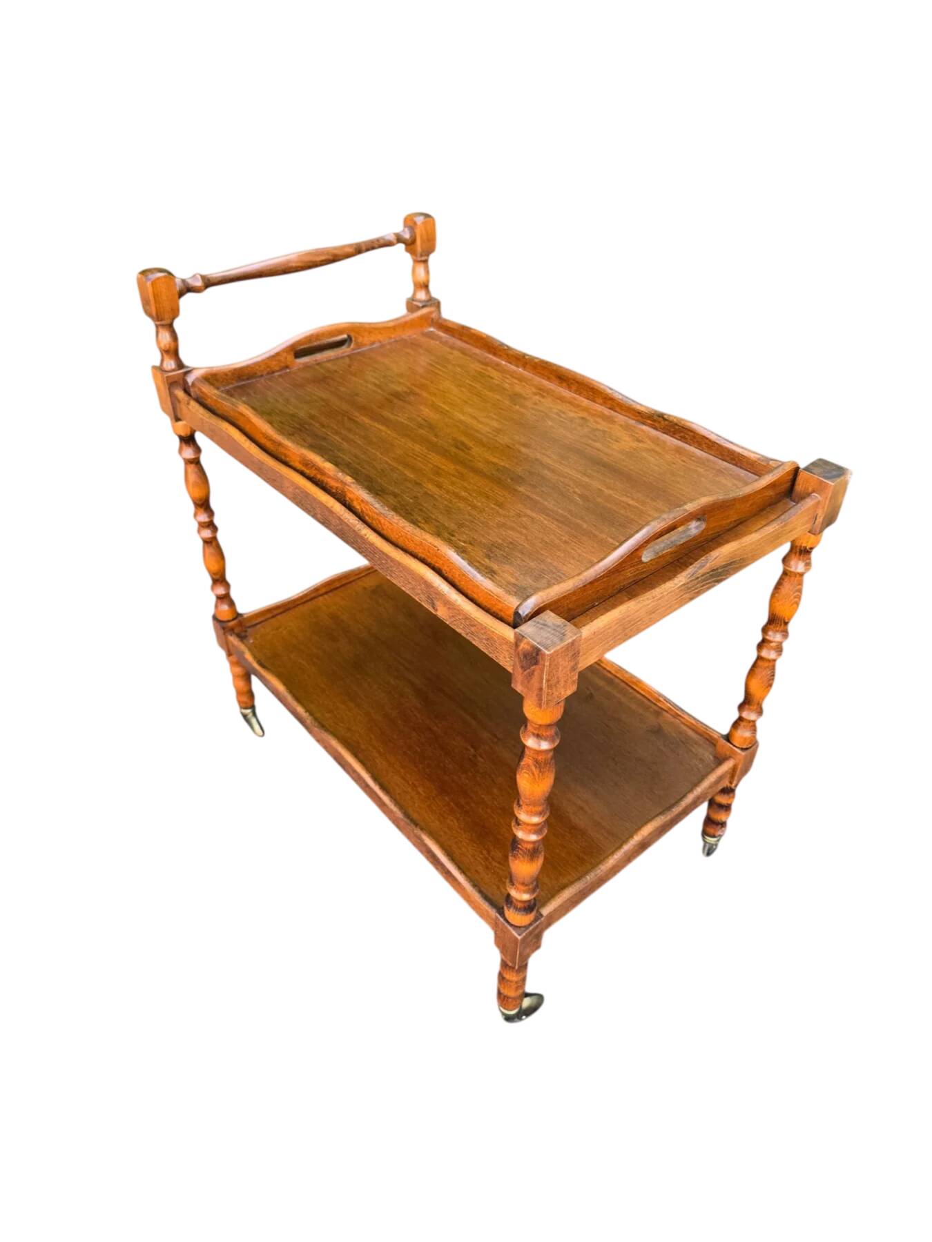 Vintage wooden turned rolling dessert trolley, removable tray.
