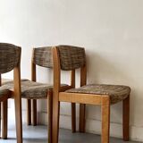 Set of 6 mid-century chairs in honey wood and tweed, 1970 design by dlg Regain.