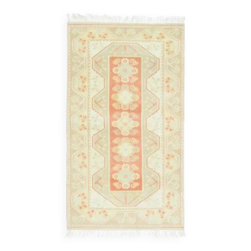 1970s Vintage Turkish Oushak Handmade Wool Cotton Beige Runner Rug 114x204