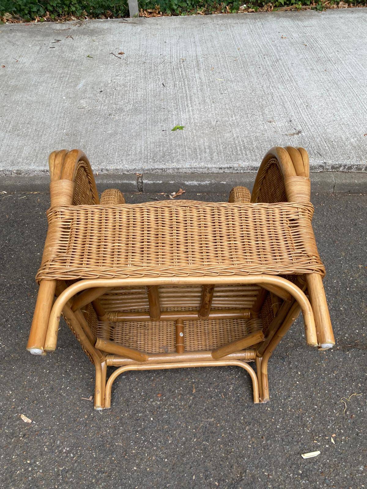 2 rattan and woven wicker armchairs in vintage 70s style