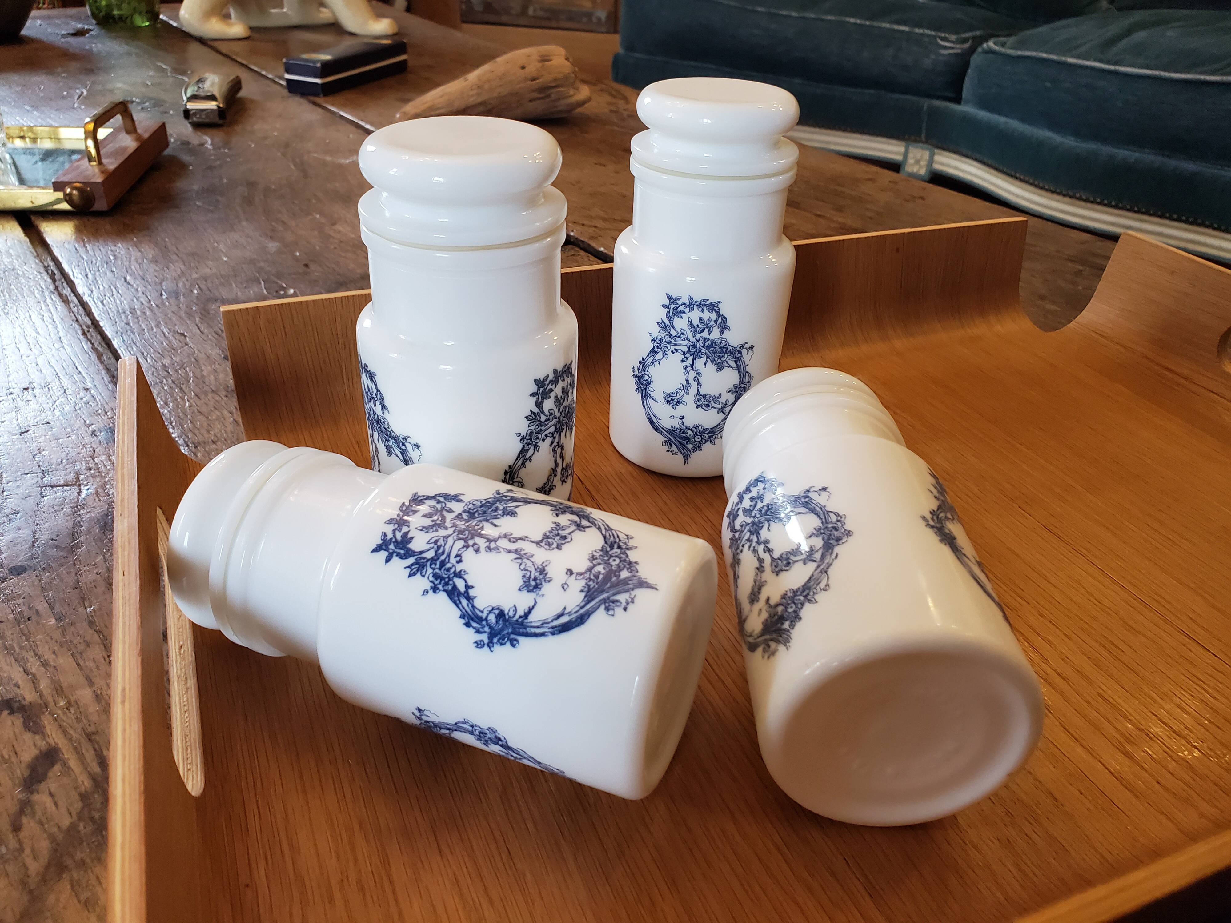 4 opaline bottles blue pattern