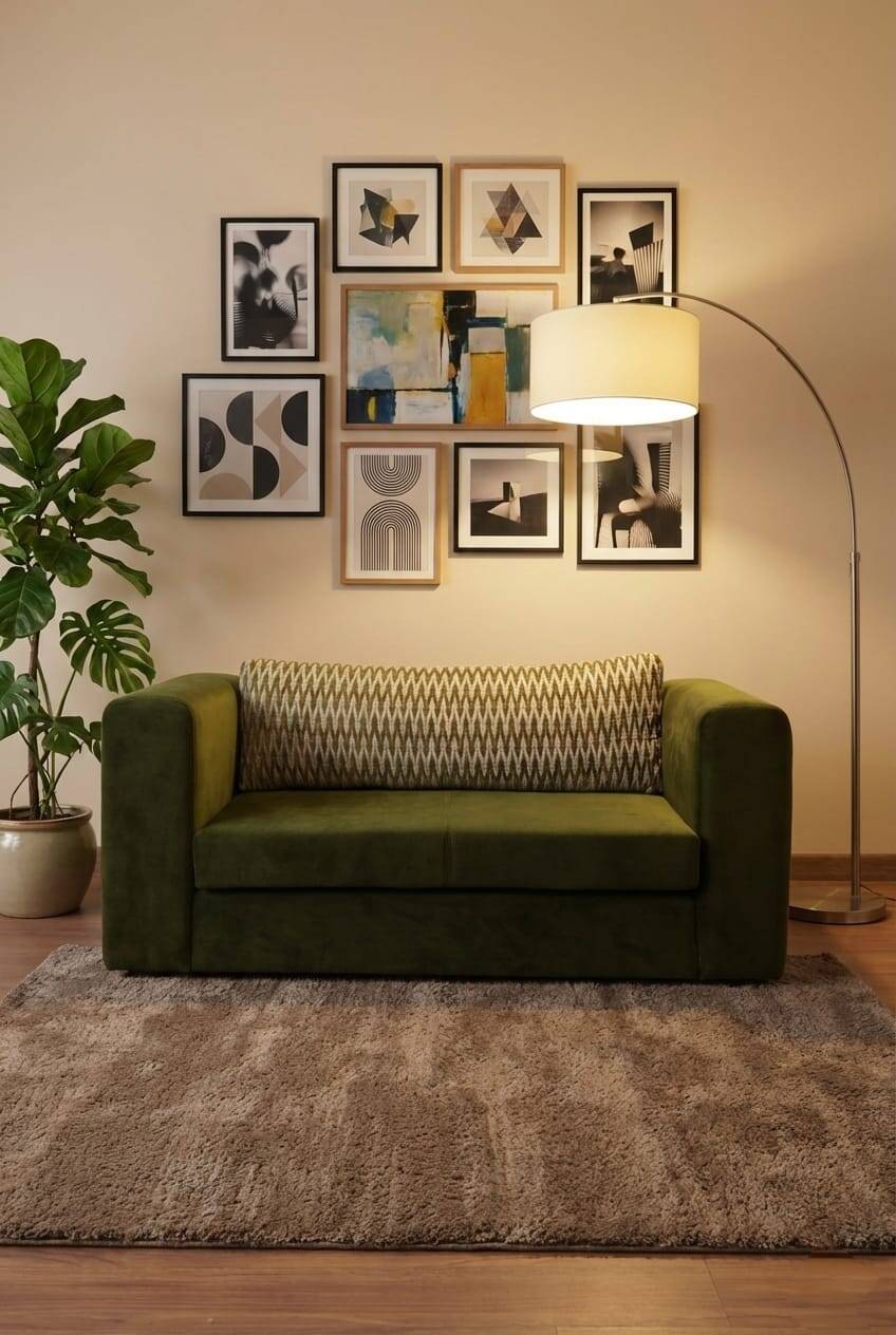 Olive velvet two-seater sofa