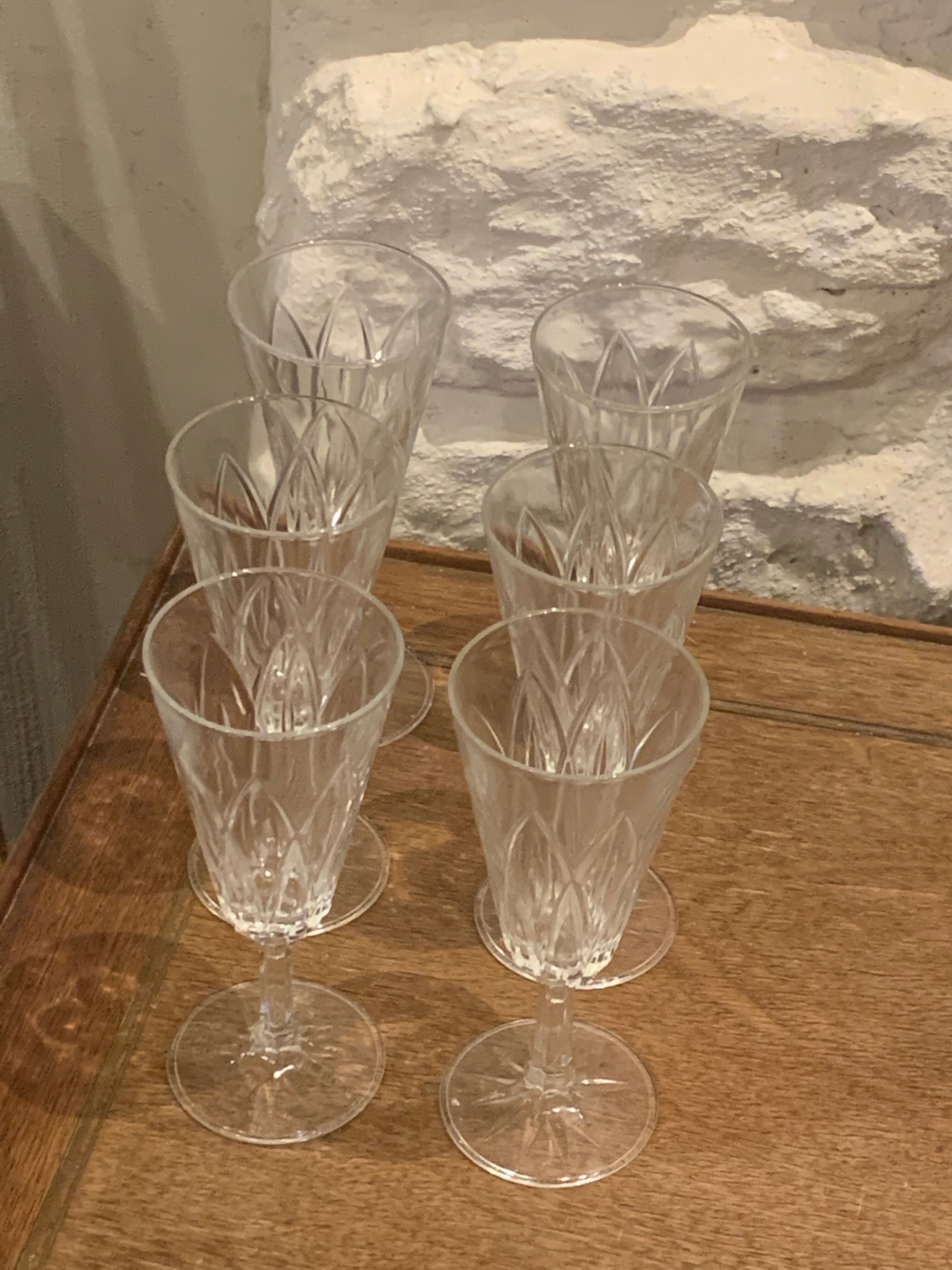 6 vintage champagne flutes patterned leaves or petals