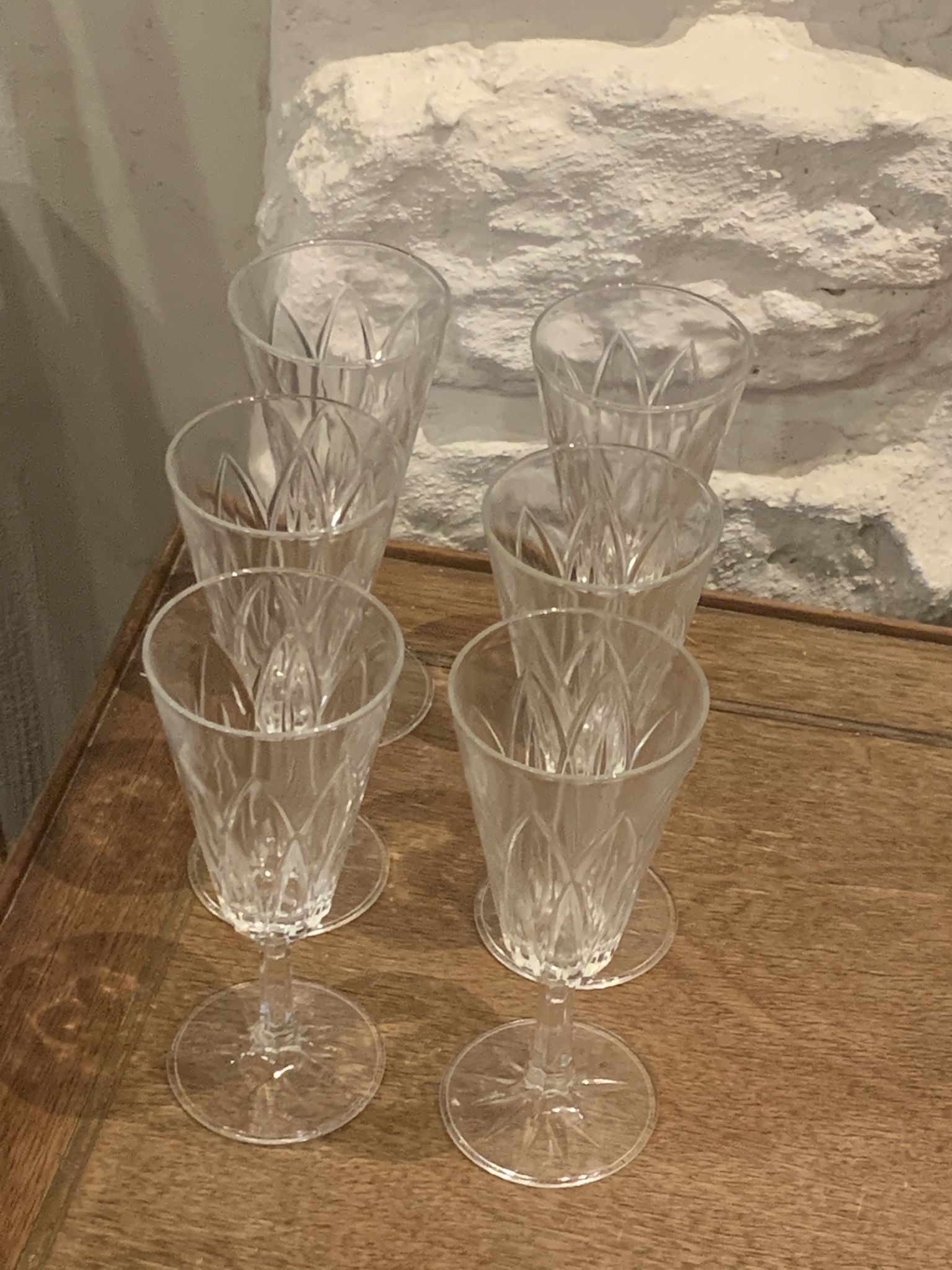 6 vintage champagne flutes patterned leaves or petals