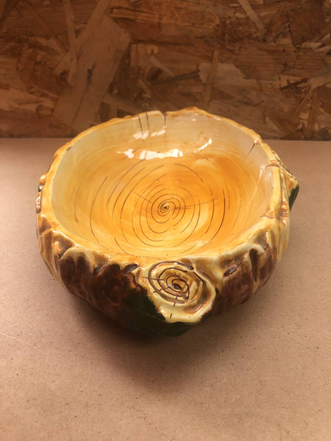 Old vallauris style ceramic ashtray trunk shape vintage wood