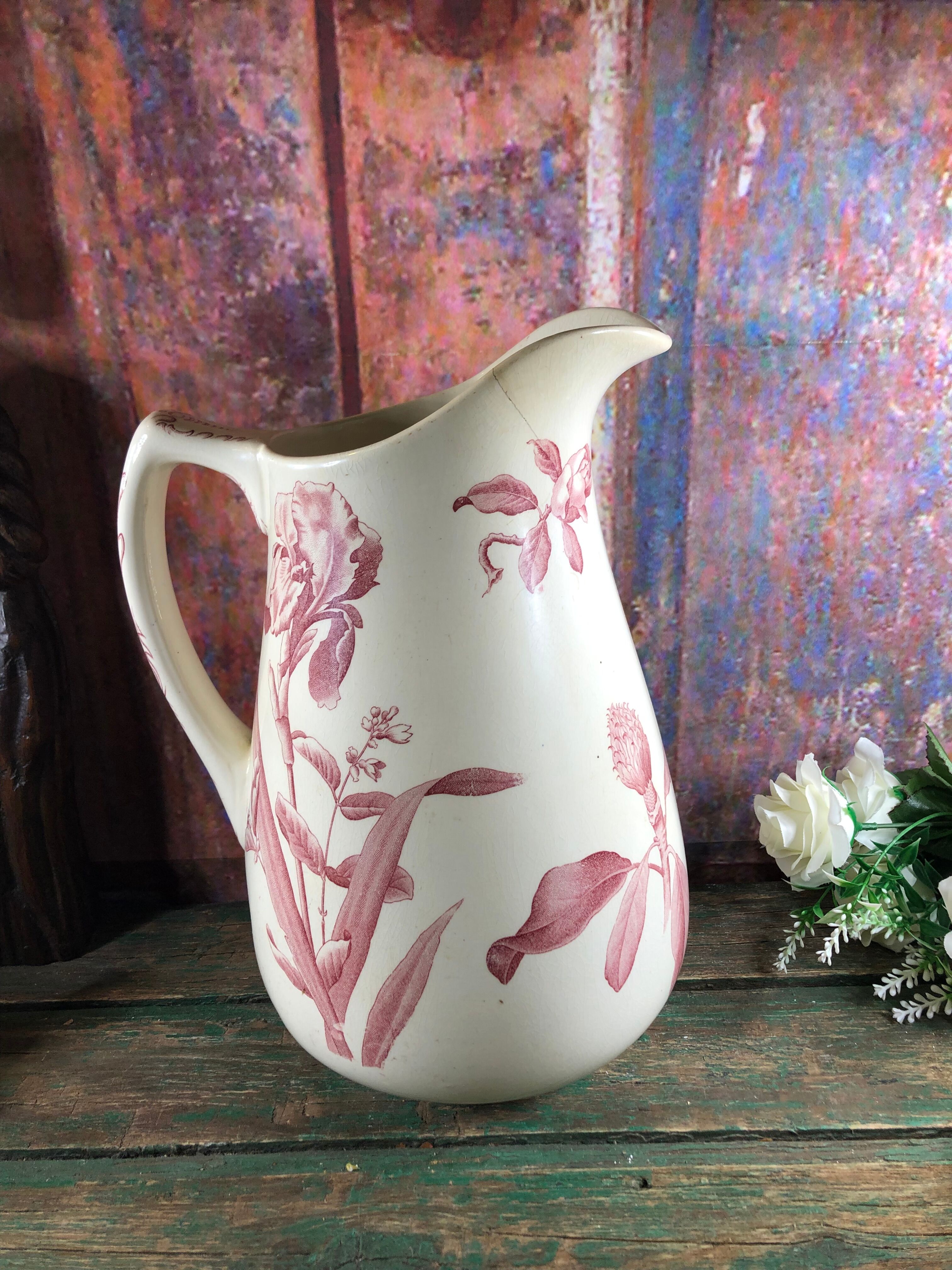 Pitcher jug or white broc decorated with pink flowers magnolia shabby chic
