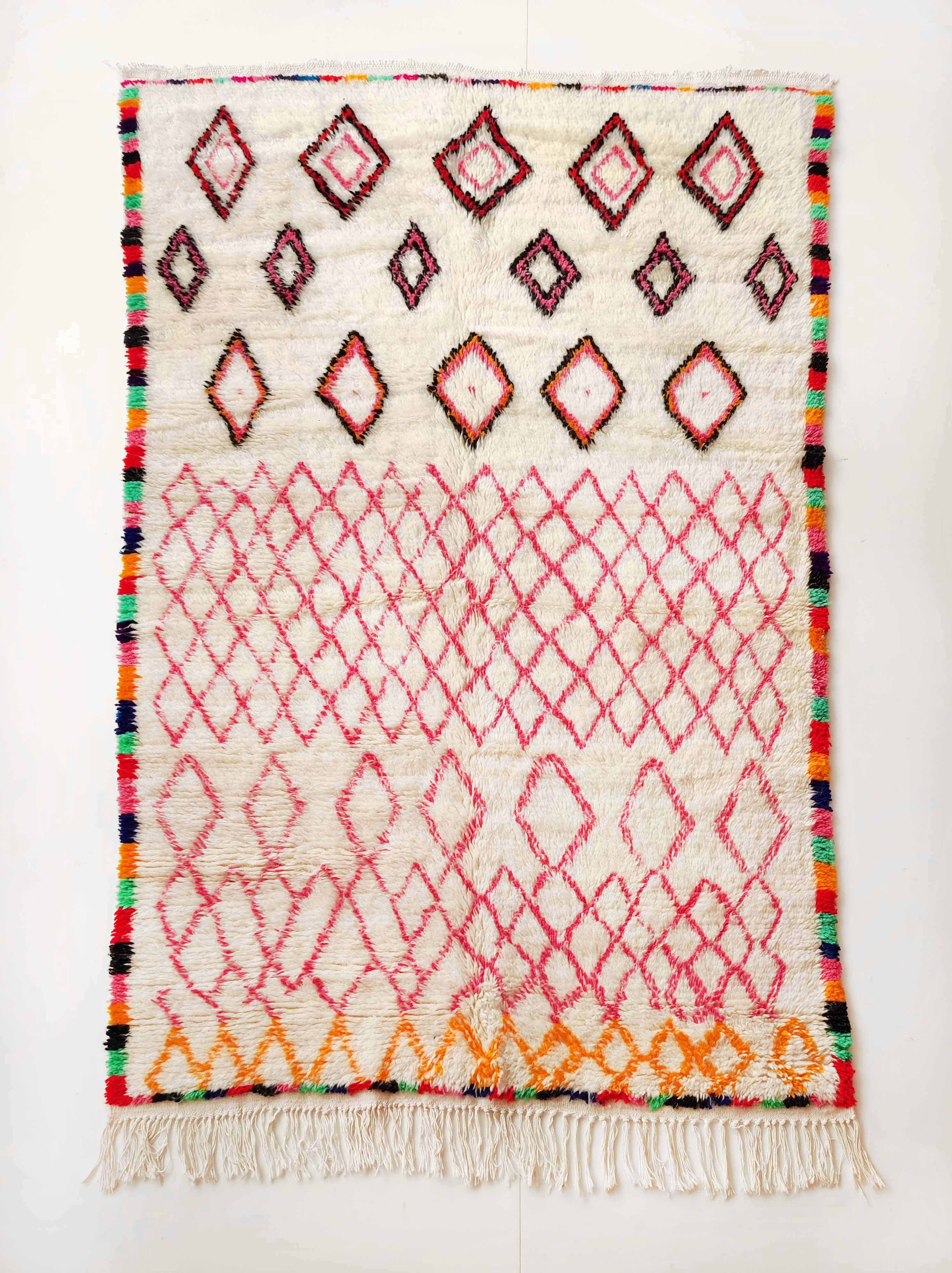 Moroccan Berber carpet azilal ecru with colorful patterns 238x140cm