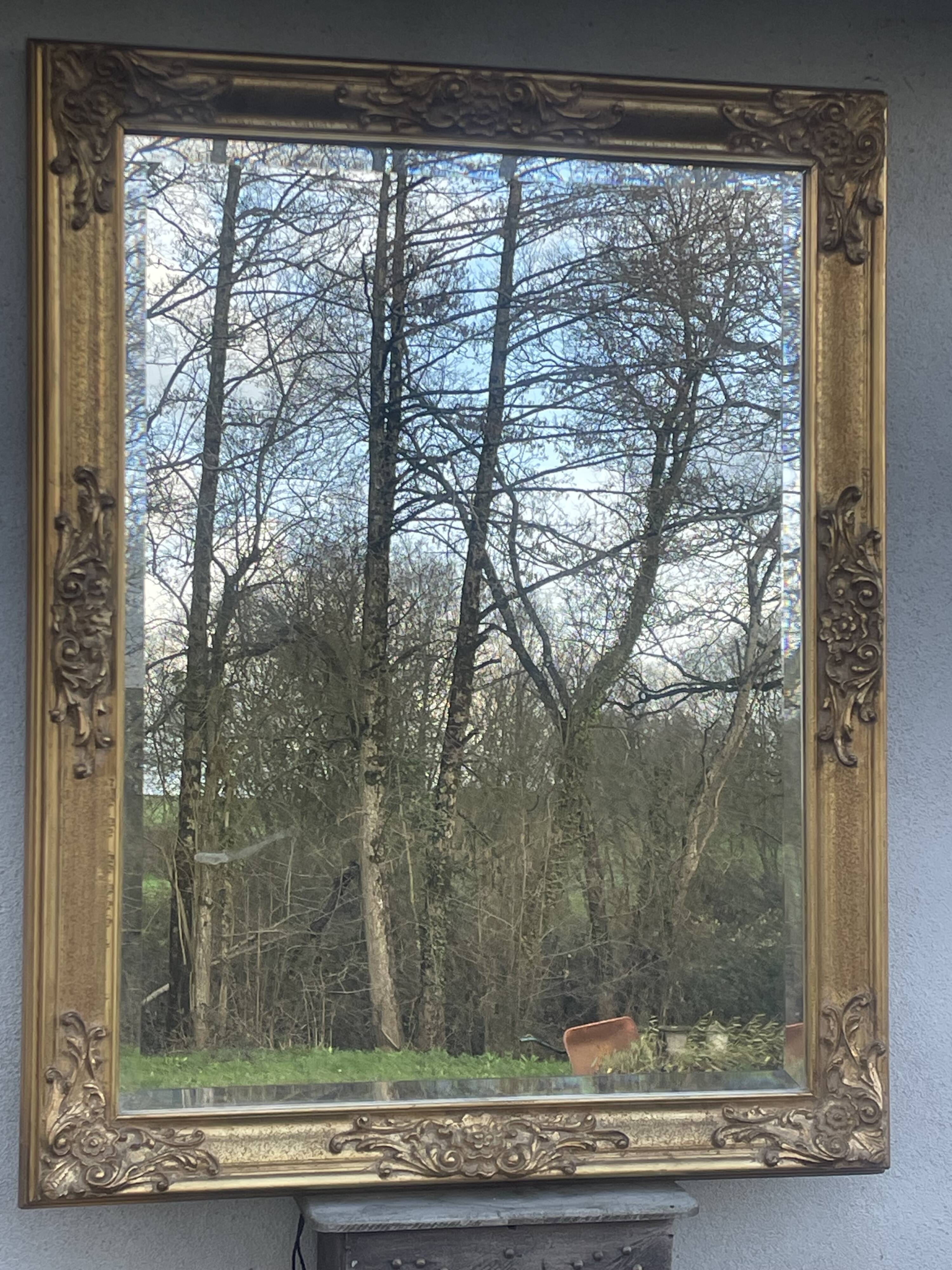 vintage bevelled mirror in rectangular shape, stucco and gilded wood in Louis XV baroque style
