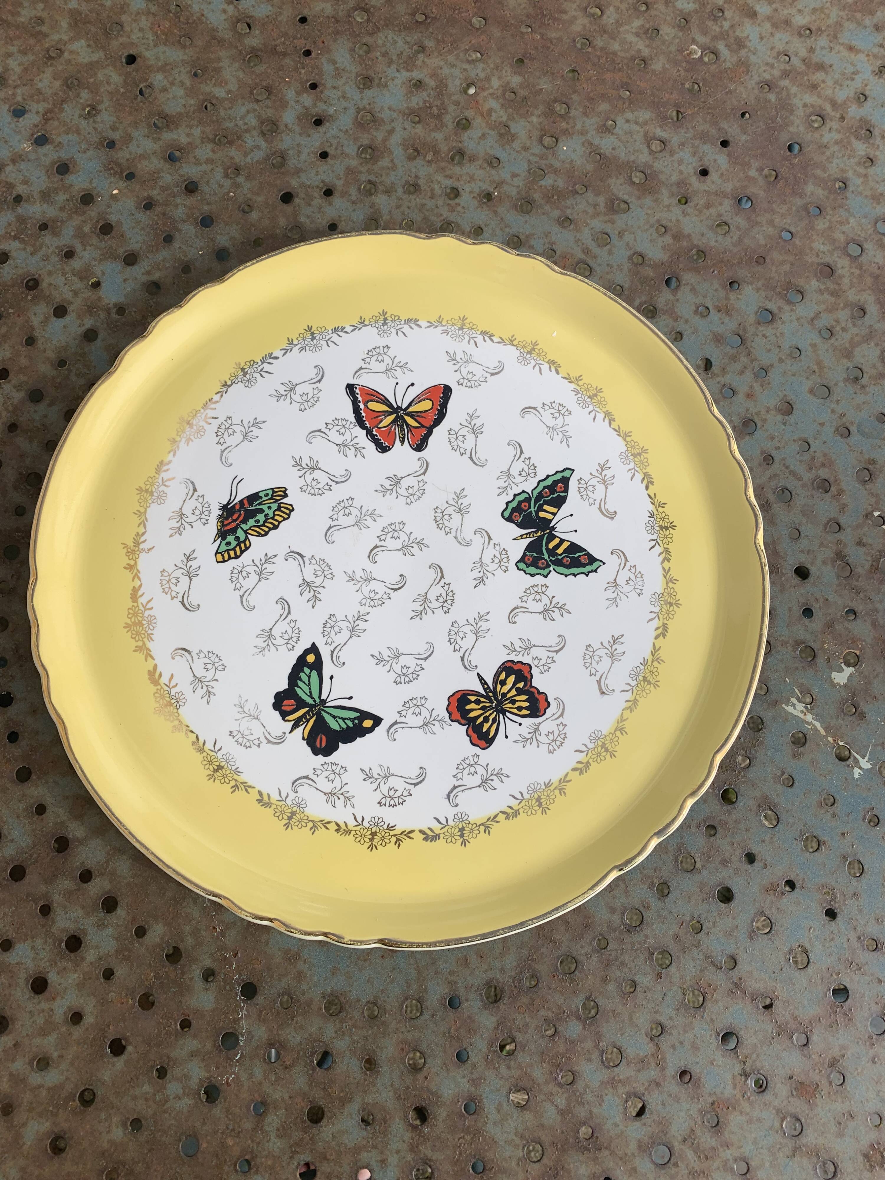 Cake dish, earthenware, yellow with multi-colored butterflies, Moulin des loups, Northern Orchies