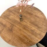 Table ronde moderniste chêne massif, piètement cylindrique pin, DLG Perrian