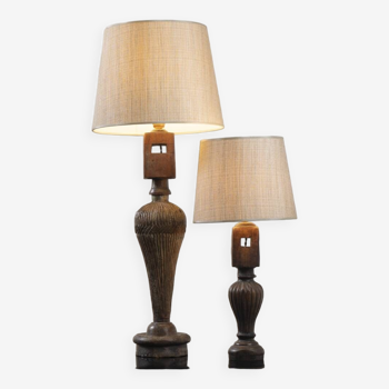 Pair of turned wood and linen lamps