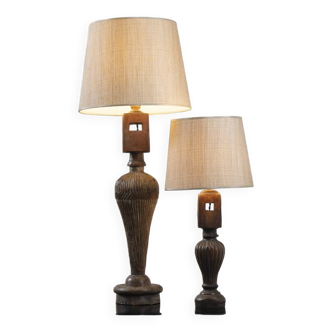 Pair of turned wood and linen lamps