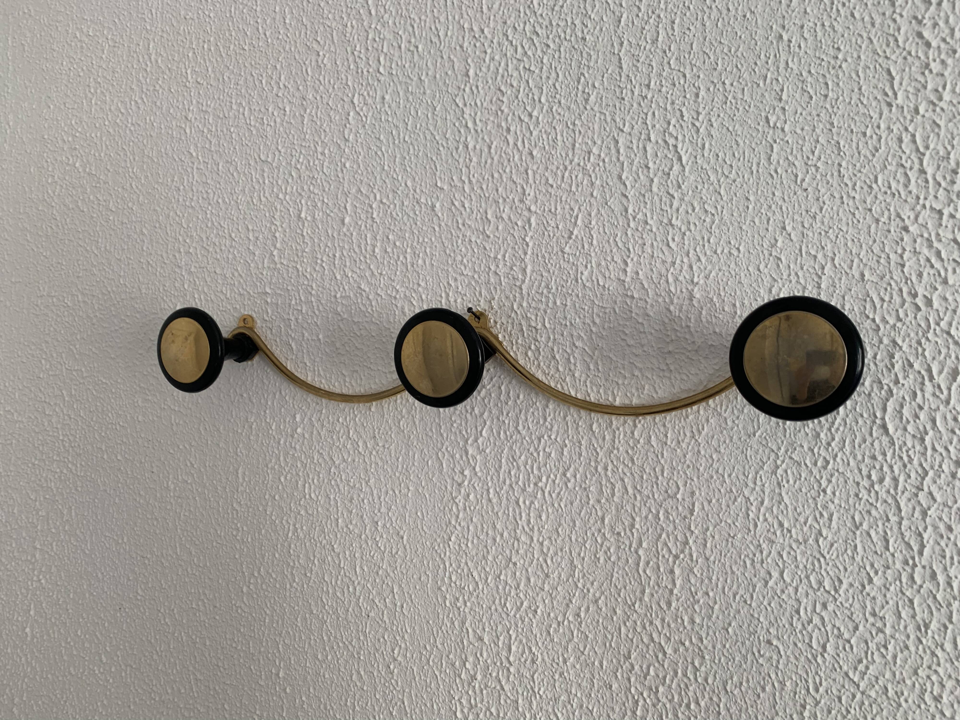 Portemanteau vintage 1960 mural doré noir 3 patères - 45 x 7 cm