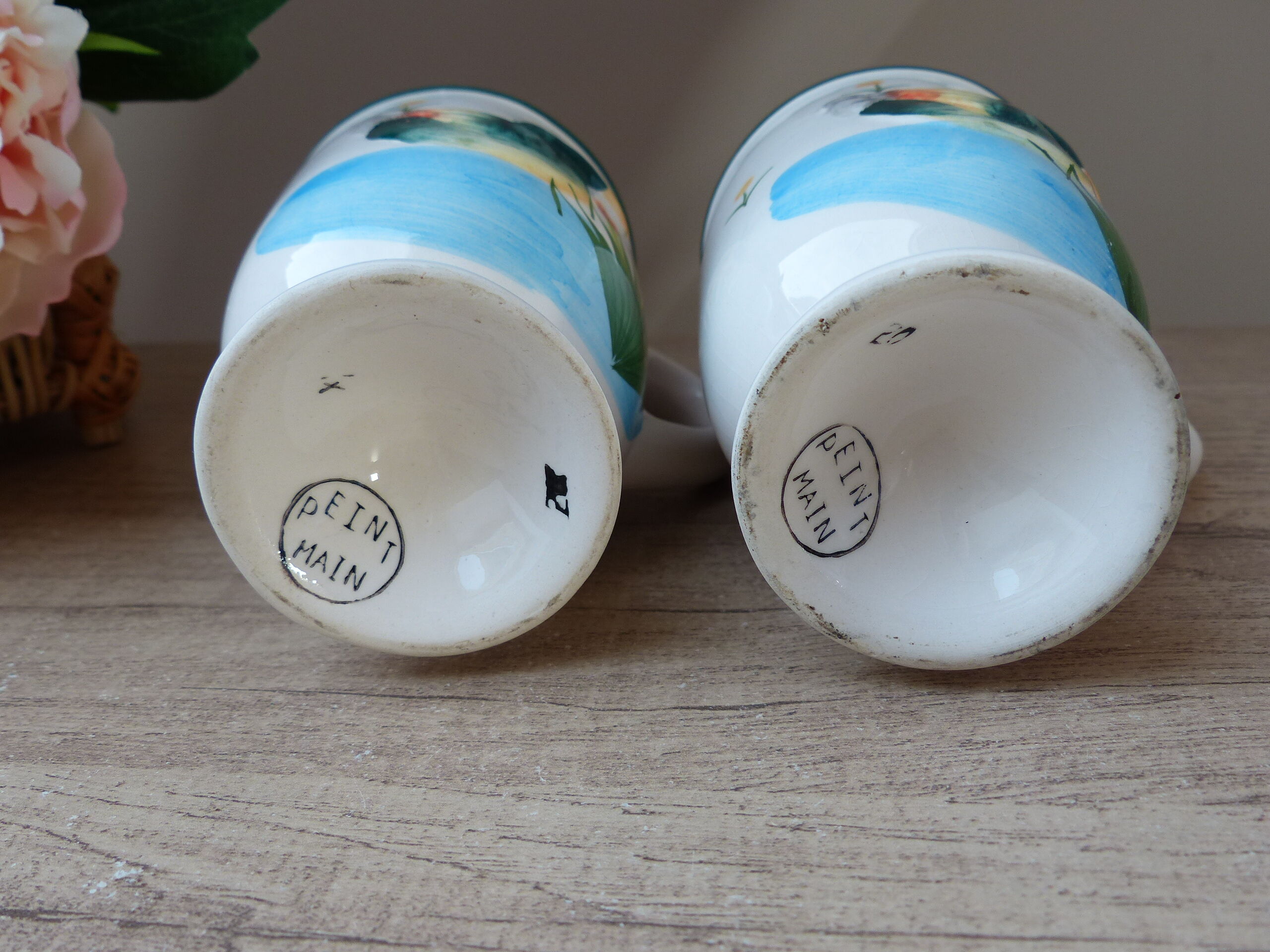 Sugar set and duo mugs, two ceramic cups decoration ducks birds green and yellow painted