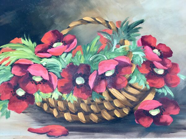 Tableau nature morte au panier de fleurs années 70