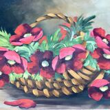 Still life painting with a basket of flowers from the 70s