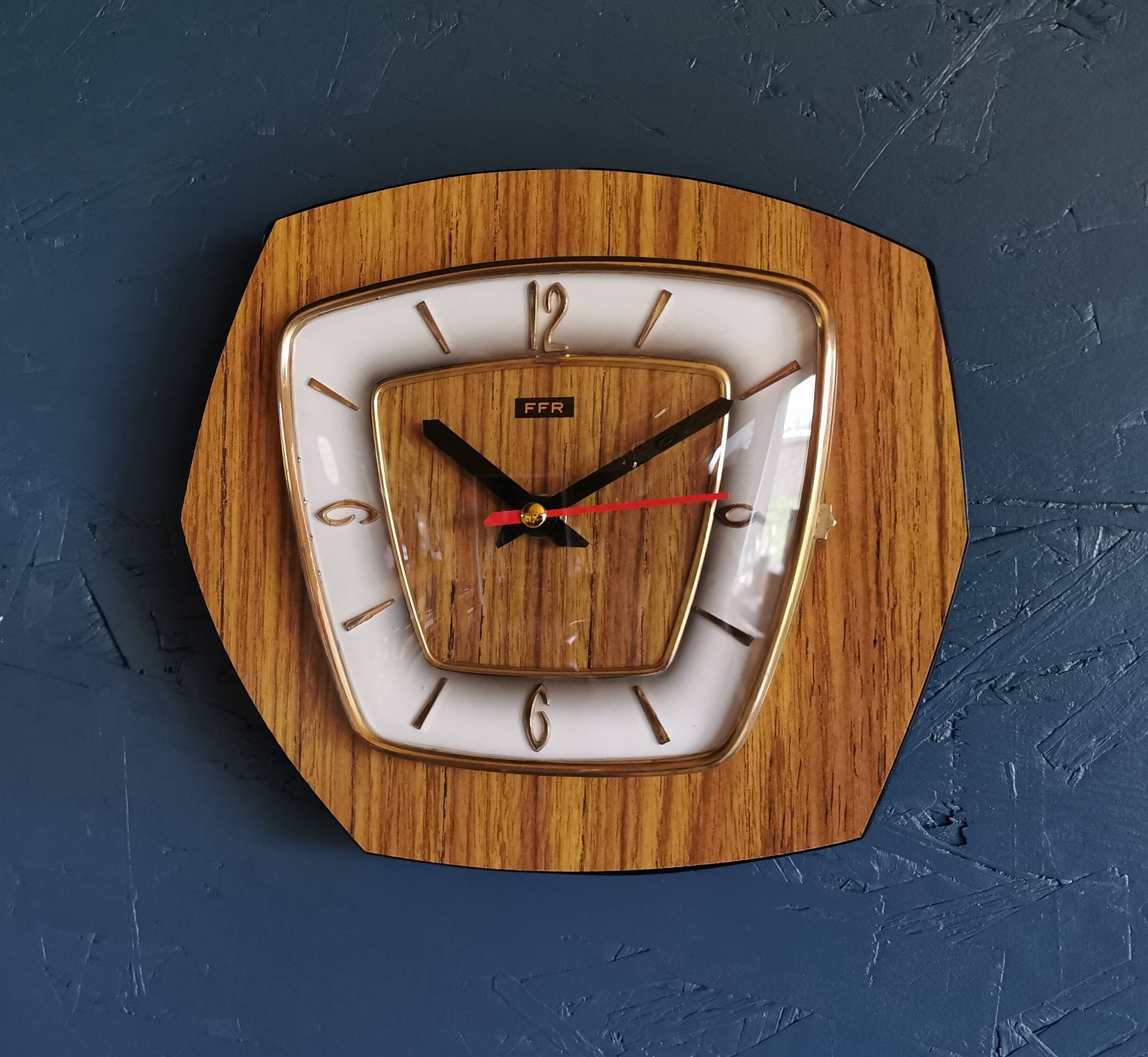 Vintage formica clock silent hexagonal wall pendulum "FFR wood"