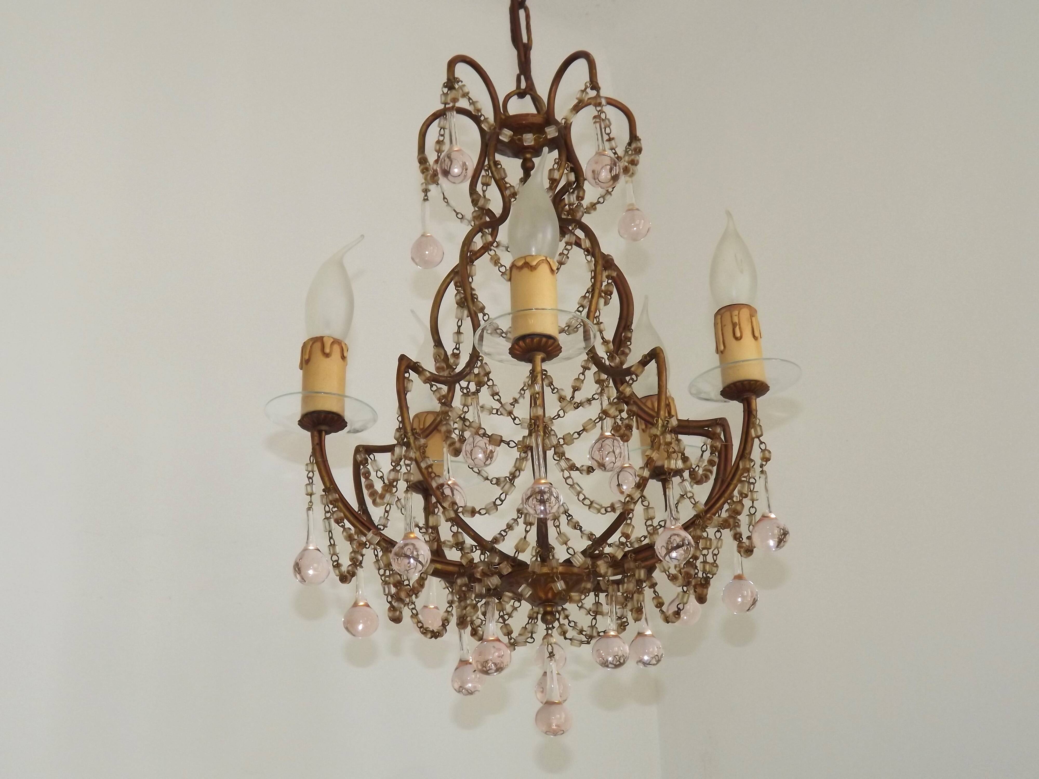 Vintage Italian 5 Arm Gilded Metal Cage Chandelier Beads &Pink Murano Drops