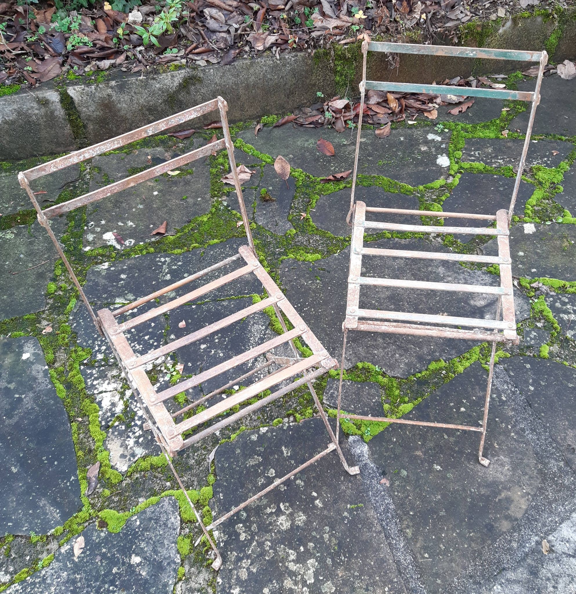 Pair of children's garden chairs, folding, all metal, retro 50s