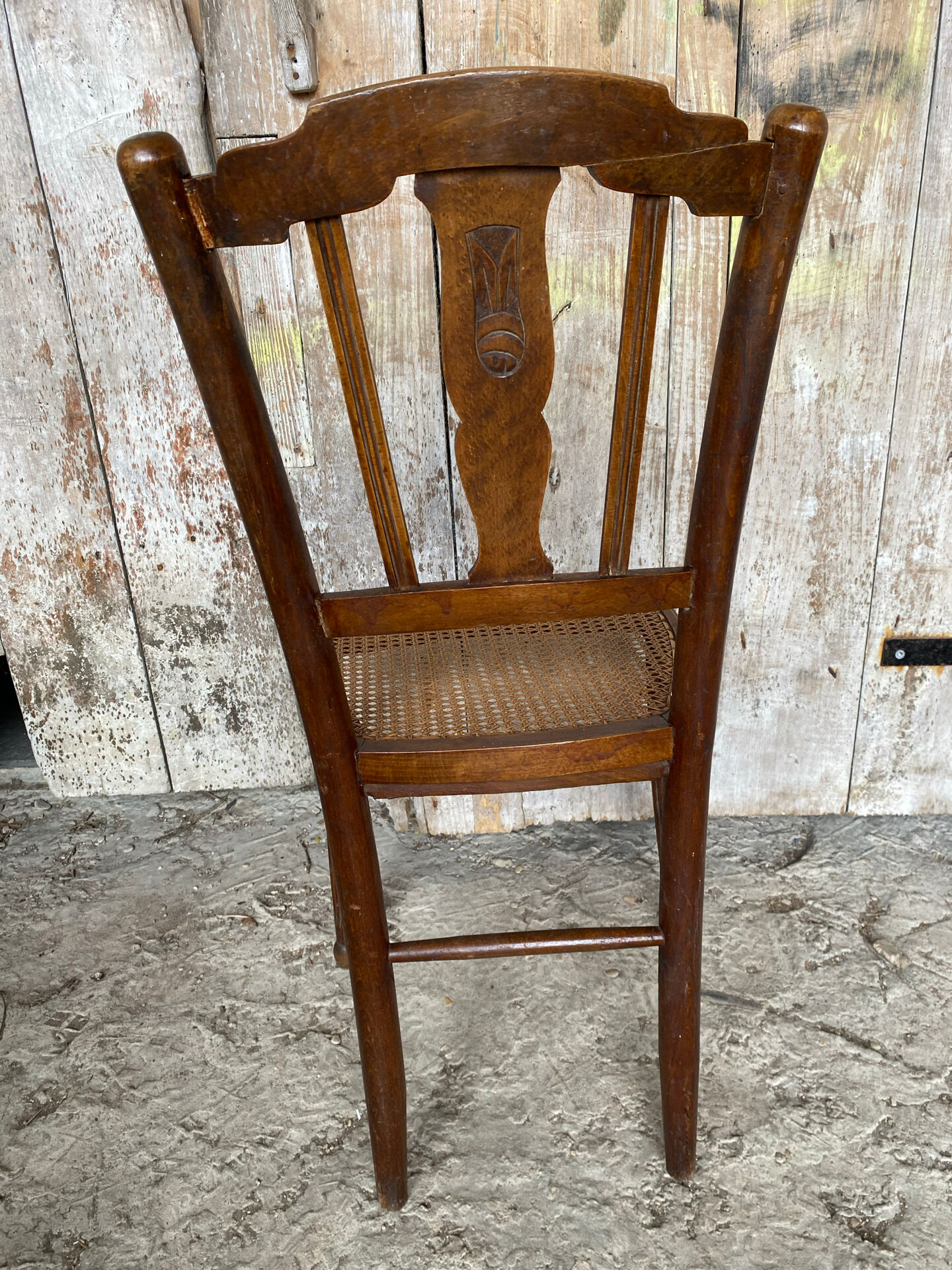 Antique Bistro Chair with Carved Wood and Woven Seat Vintage #E096
