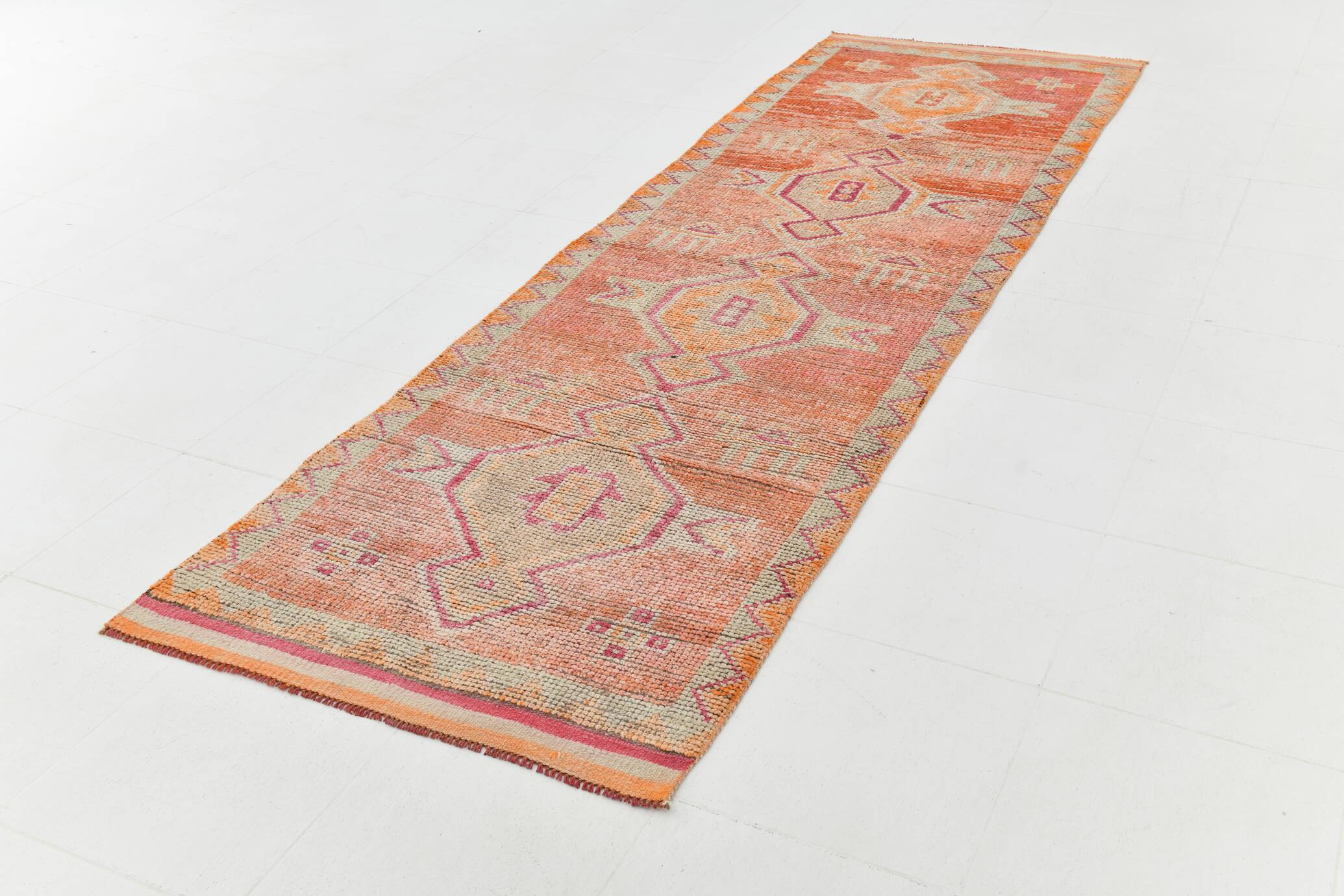 3x10 Coral Orange & Red Turkish Vintage Runner Rug, 98x322Cm
