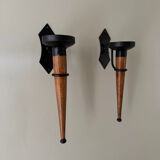 Large 2 Piece Vintage Modernist Iron and Wooden Candle Holders