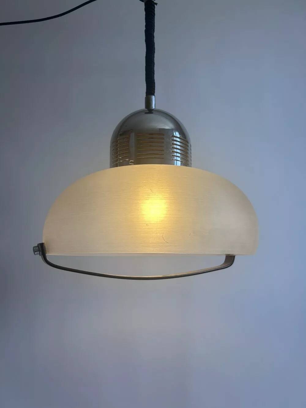 Vintage chrome and frosted plexiglass pendant light - 1970s