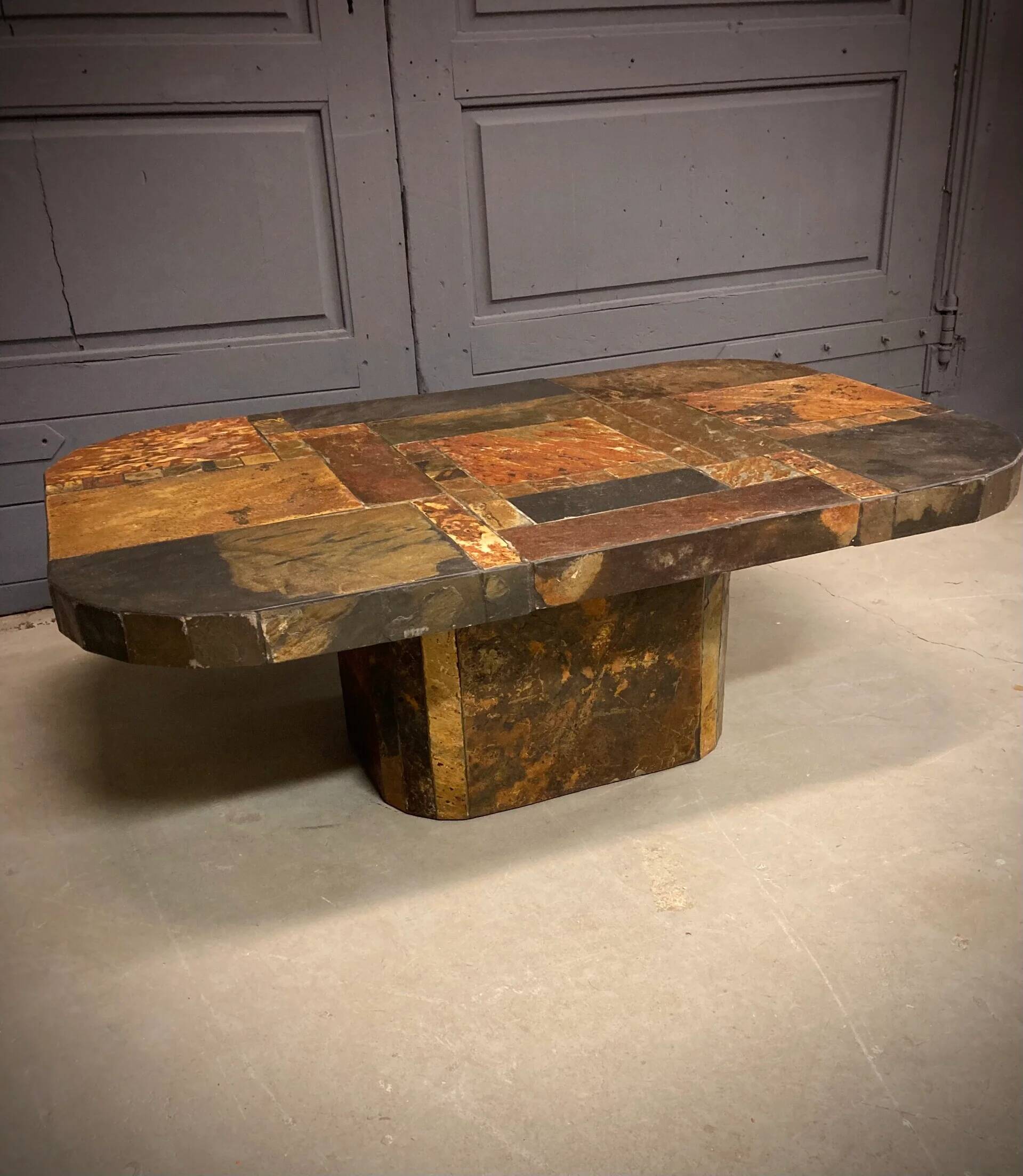 Table basse vintage, ardoise aux couleurs bronze et cuivre, années 1960/70.