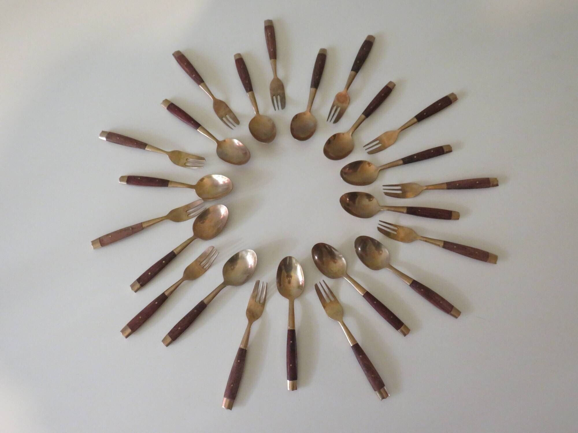Vintage teak and brass housewife, dessert spoons and forks