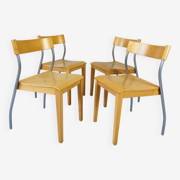 Ensemble de 4 chaises à repas Ikea vintage en bois avec pieds en métal courbé, 1990