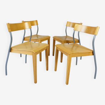 Set of 4 vintage wooden Ikea dining chairs with curved metal legs, 1990s