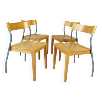 Set of 4 vintage wooden Ikea dining chairs with curved metal legs, 1990s