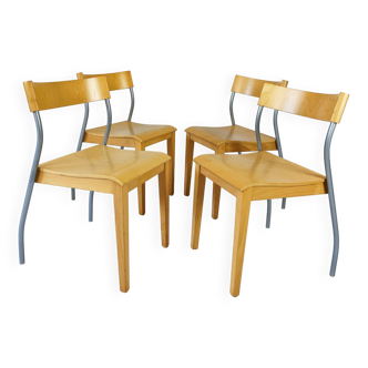 Ensemble de 4 chaises à repas Ikea vintage en bois avec pieds en métal courbé, 1990