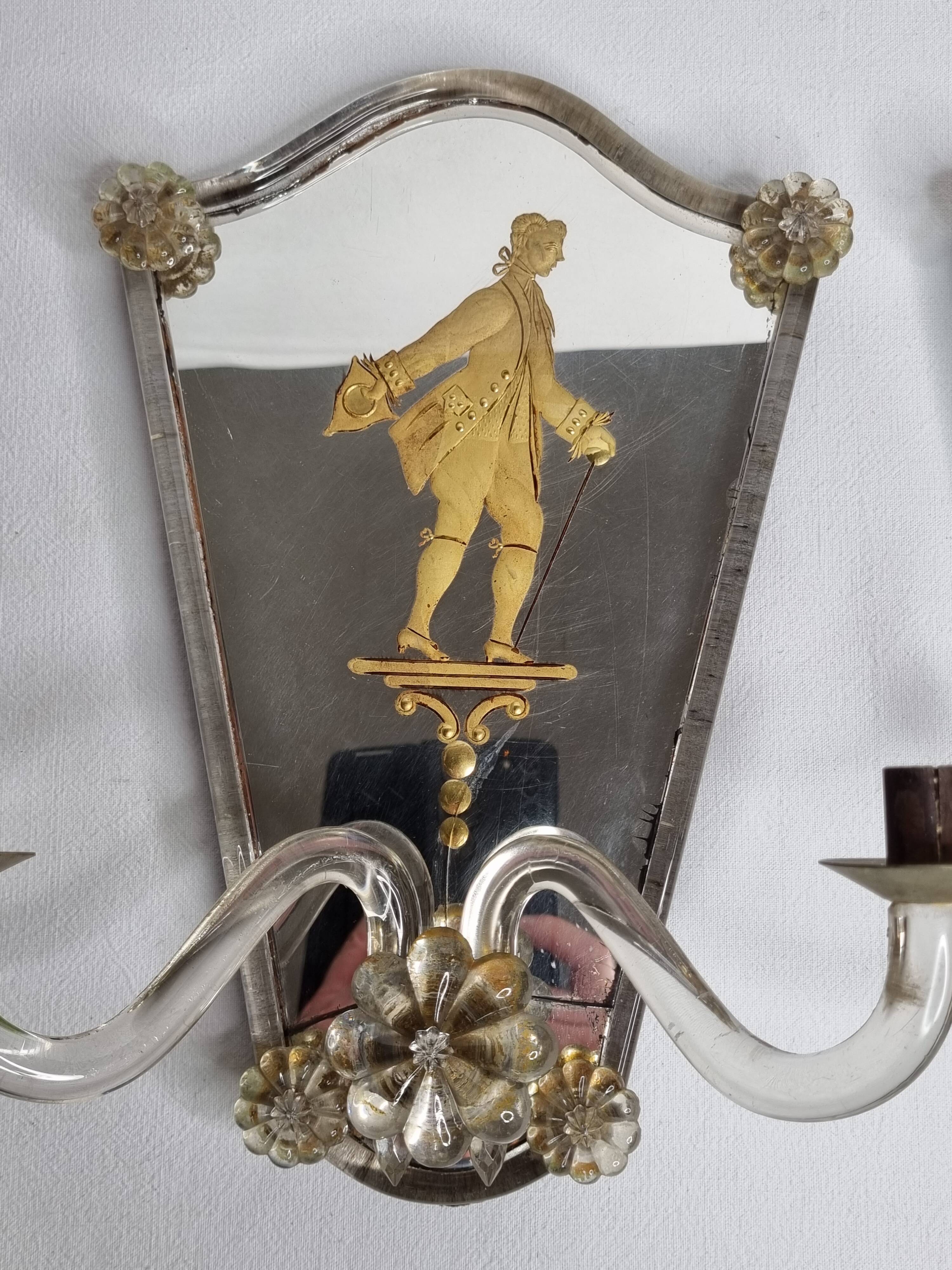 Pair of antique Murano wall lights with gilded engraved mirror, Italy, 19th century