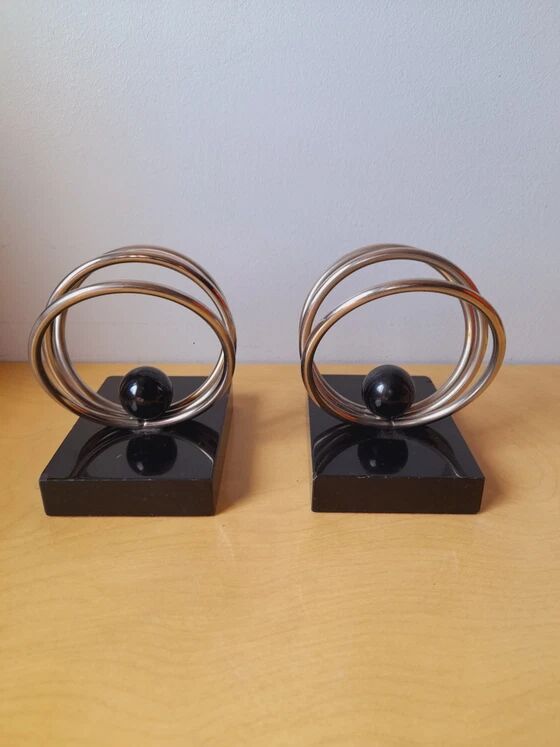 Marble and chrome metal bookends Art Deco