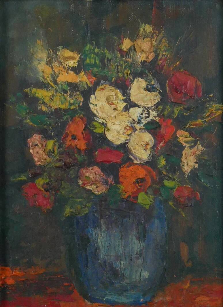 Bouquet de fleurs - Huile sur toile encadrée.