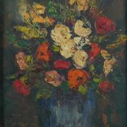 Bouquet de fleurs - Huile sur toile encadrée.