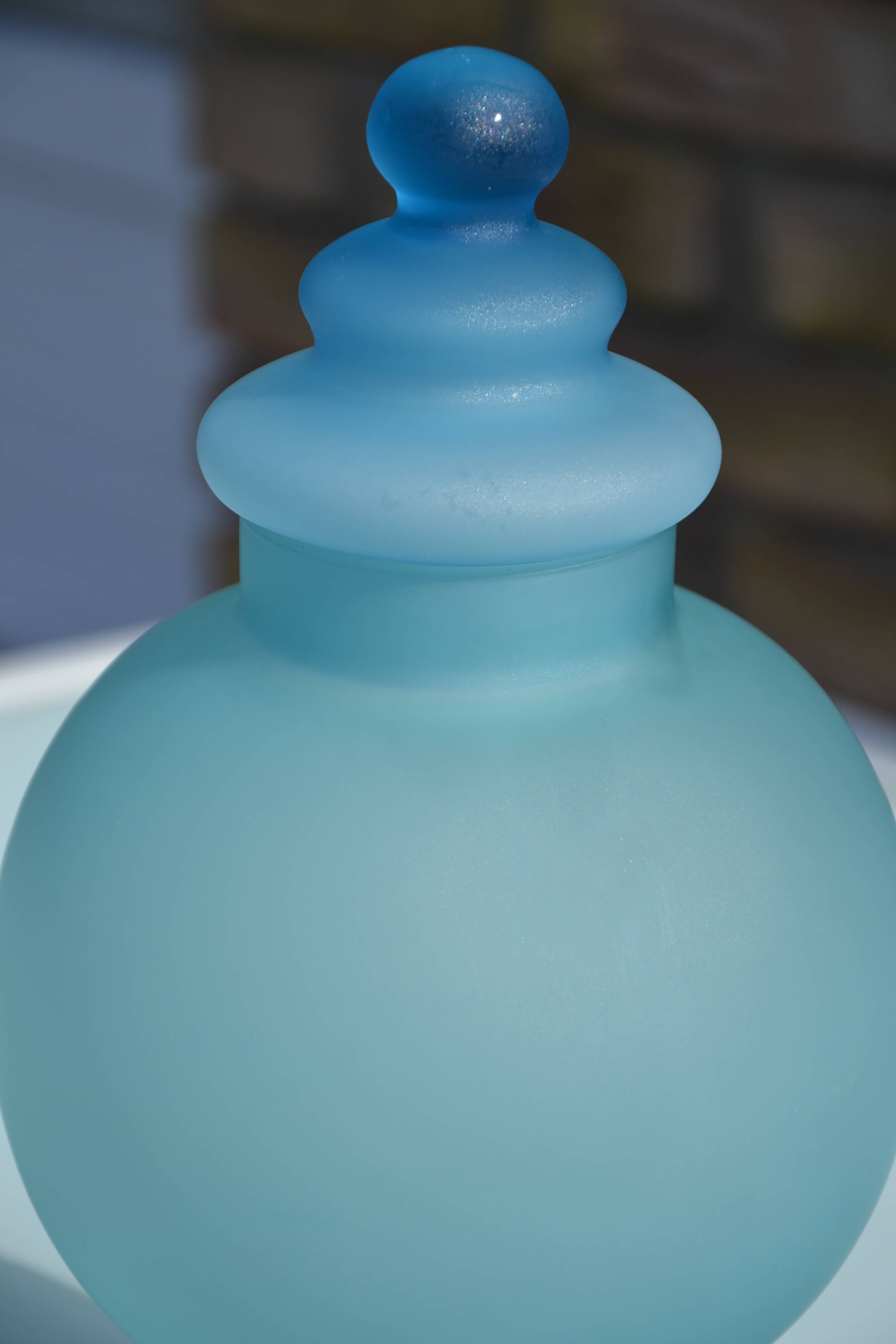 Blue frosted glass bottle/vase on foot
