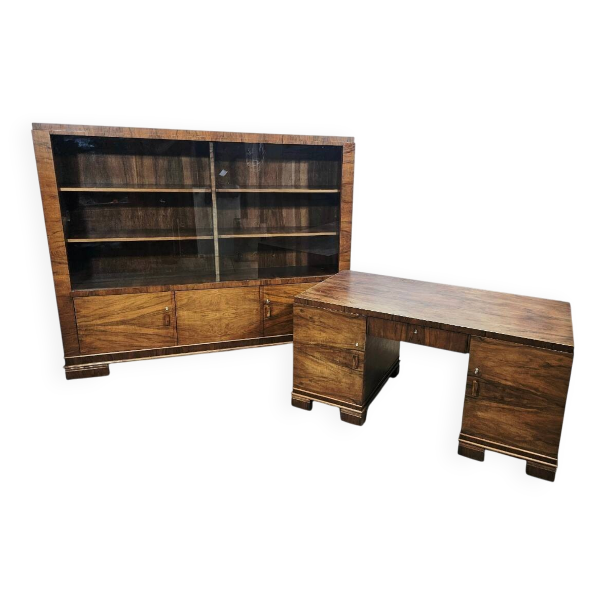 Ensemble de bureau exécutif monumental / Art Déco / Noyer / Années 1940.