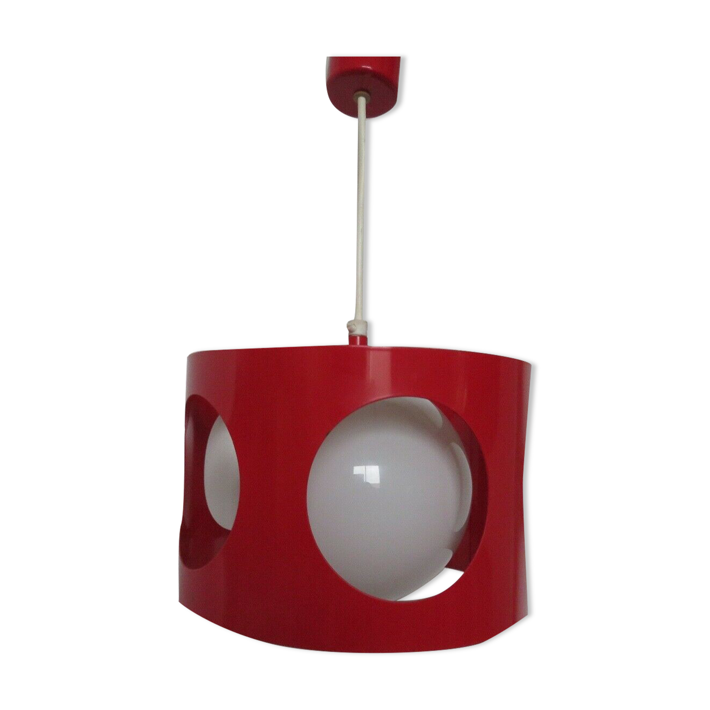 Suspension in red lacquered metal and white opaline ball 60s 70s