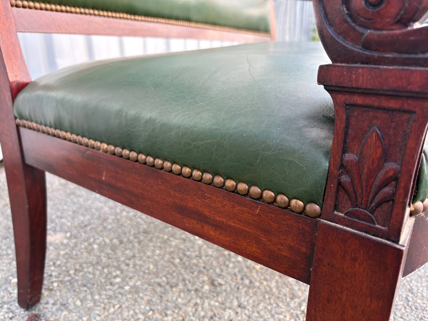Empire style bench in mahogany and green leather