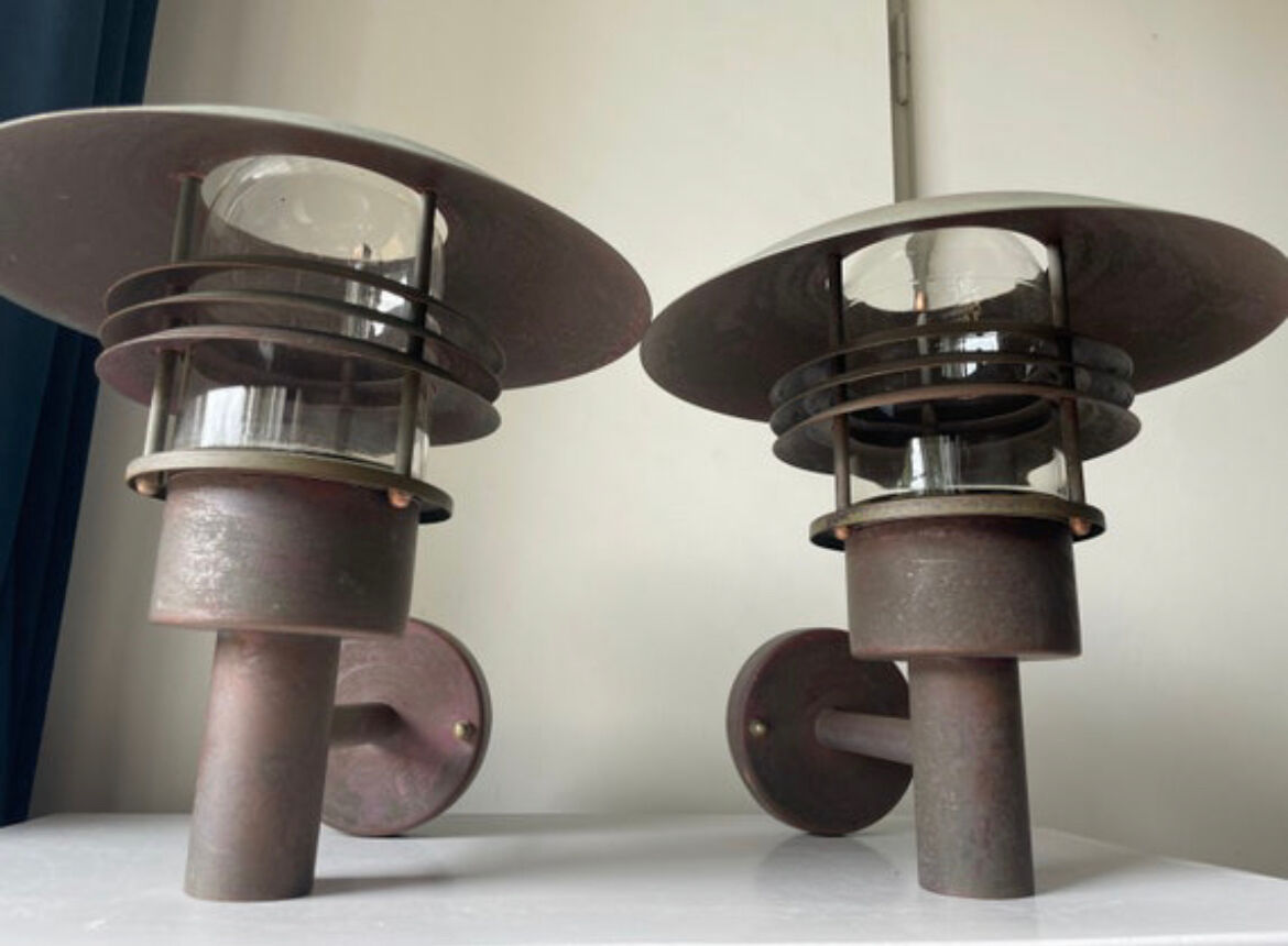 Pair of classic danish vintage MCM outdoor wall lamp in copper