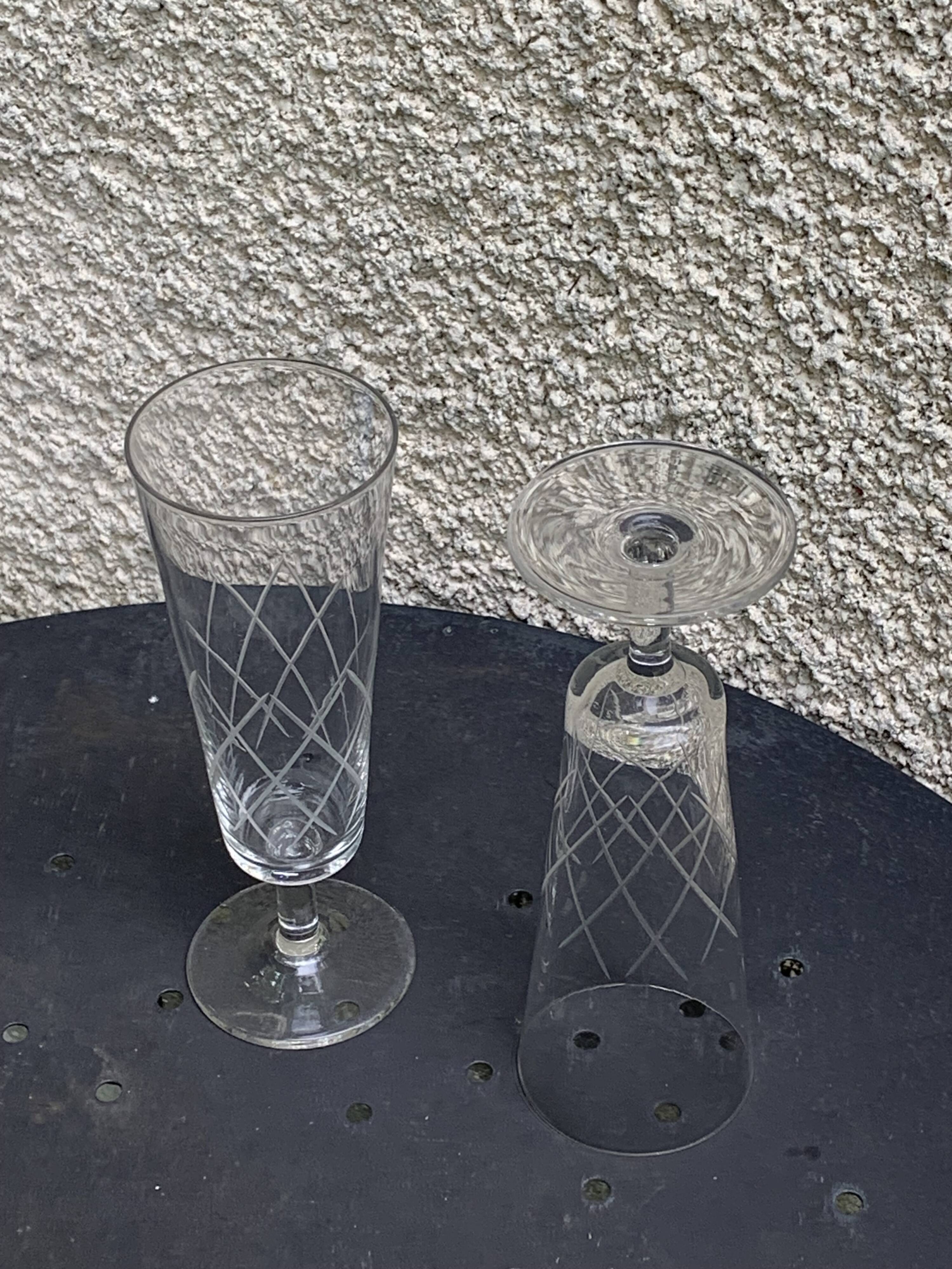 6 vintage clear chiseled crystal and glass champagne flutes