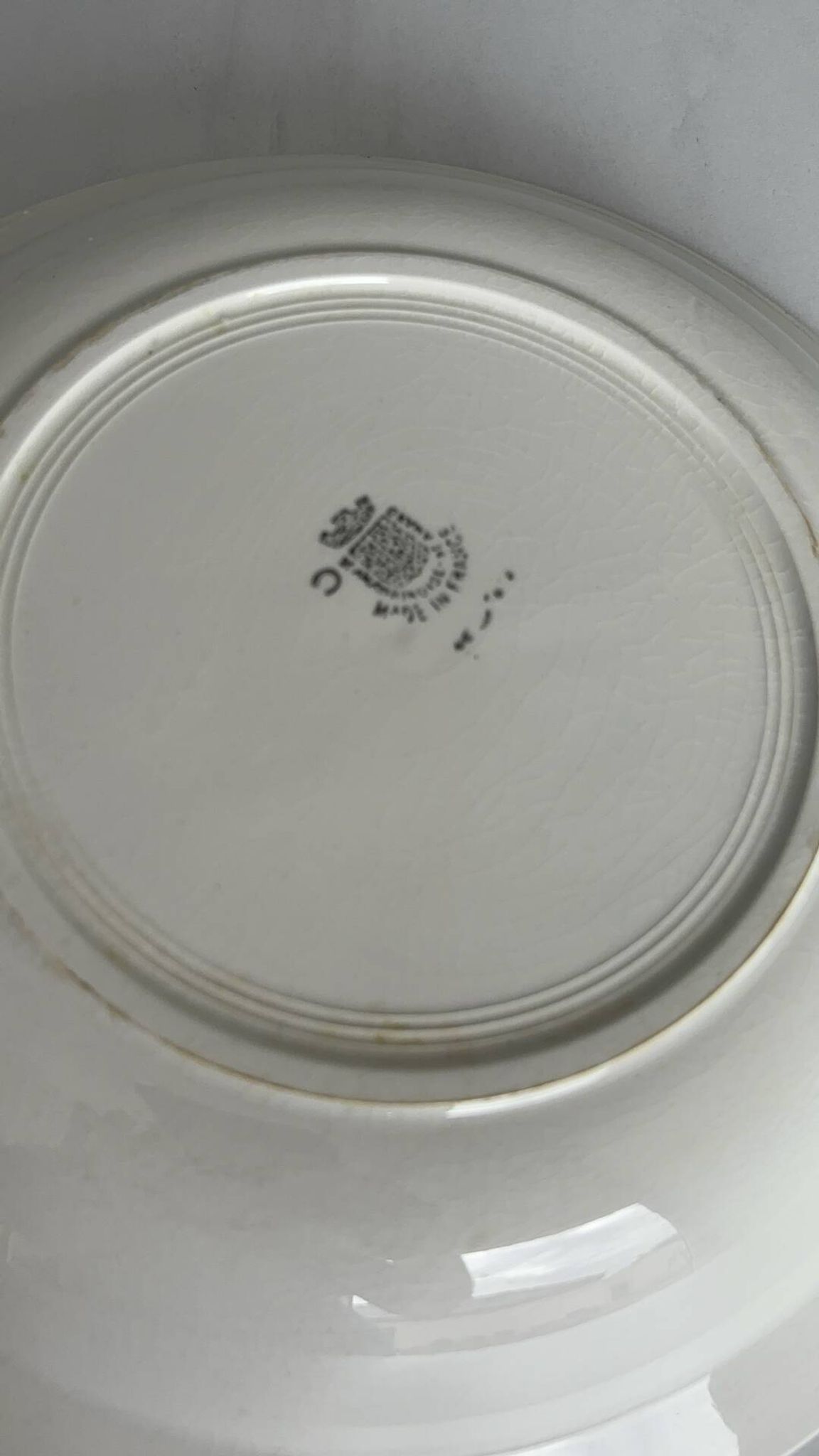 Large round salad bowl, antique blue St-Amandinoise ironstone plate.