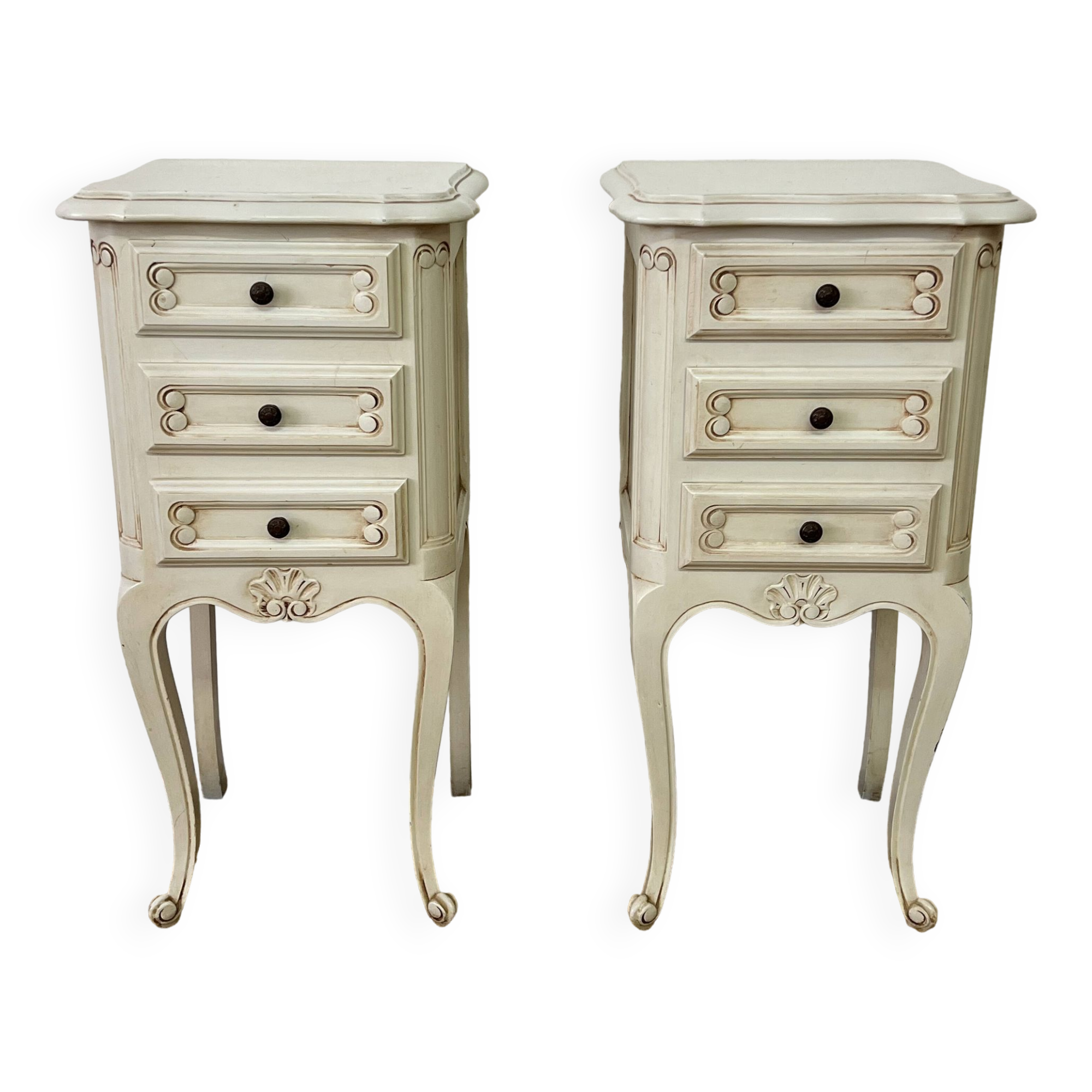 Pair of antique Louis XV style bedside tables, 3 drawers