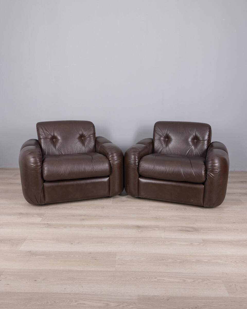Pair of vintage 1970s brown leather armchairs designed by Ceriotti